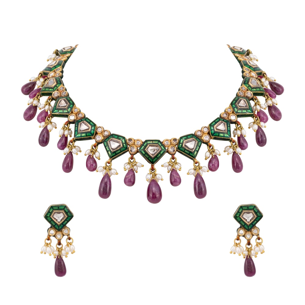 Green Talaf Polki Neacklace Set with Ruby Colour Drops